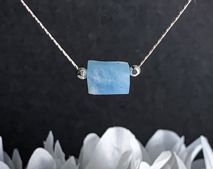 Aquamarine Barrel Delicate Necklace, Thin Silver Necklace, Gemstone Choker, Minimalist Jewelry