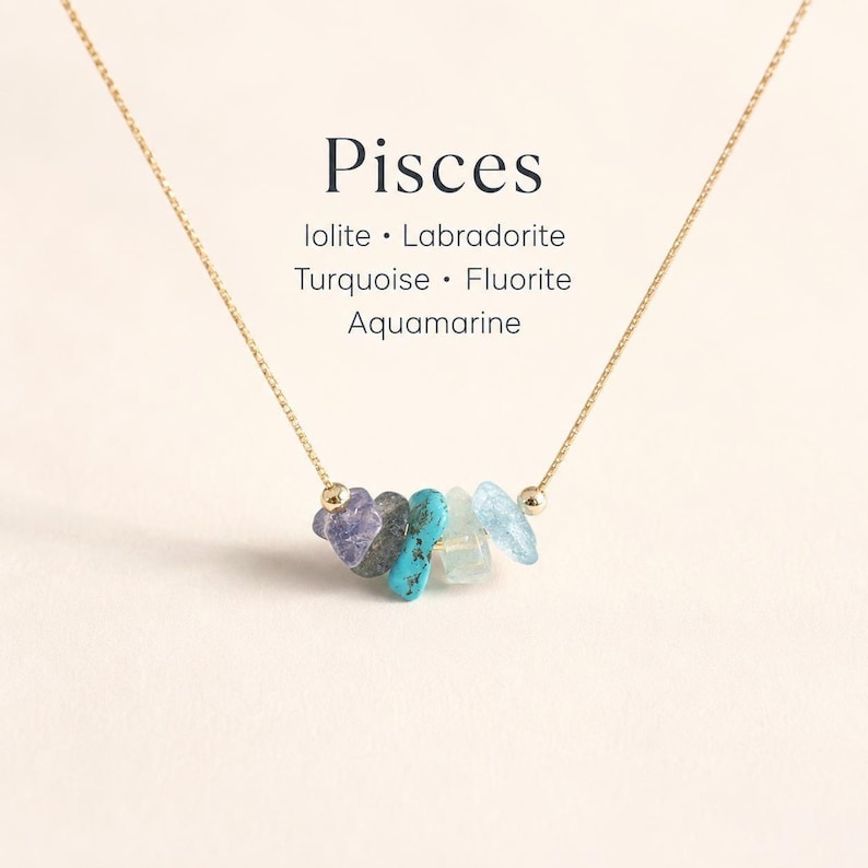 May include: A gold chain necklace featuring a cluster of raw, tumbled gemstones including iolite, labradorite, turquoise, fluorite, and aquamarine. The text Pisces, Iolite, Labradorite, Turquoise, Fluorite, Aquamarine is printed above the stones.
