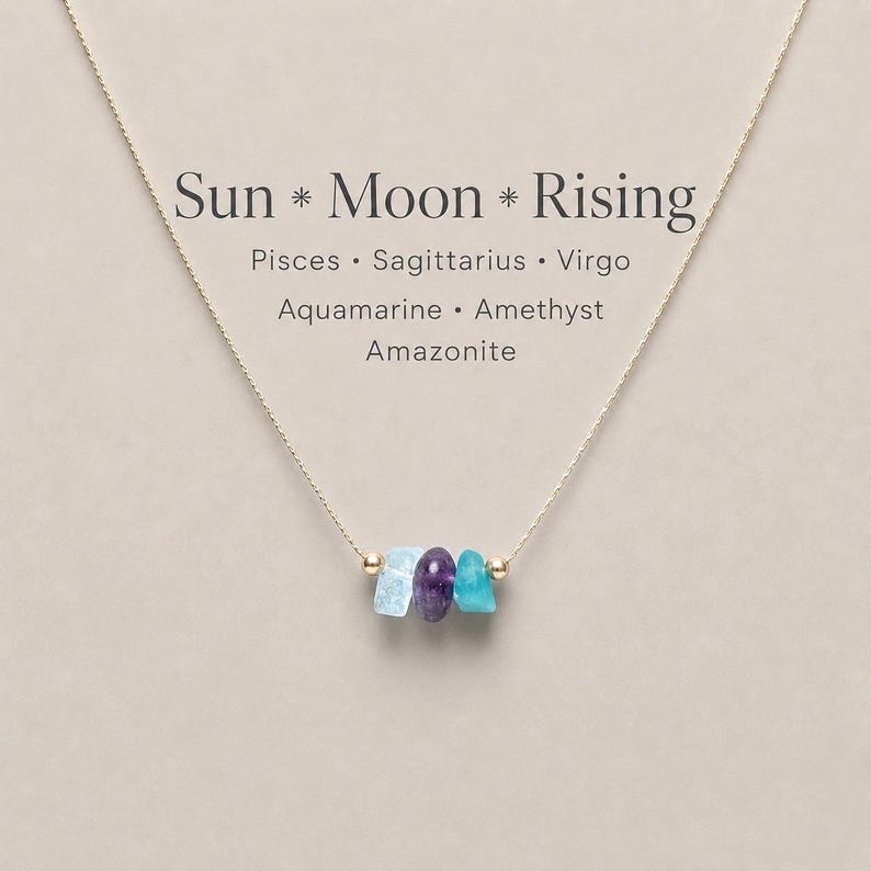 May include: A gold-coloured necklace with three raw gemstones: aquamarine, amethyst, and amazonite. The necklace is presented on a neutral background with the text "Sun * Moon * Rising" and the names of zodiac signs and gemstones.