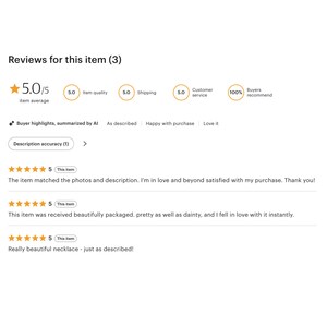 May include: A digital display of customer reviews for an item, showing a 5.0 out of 5 star average rating. The interface includes metrics for item quality, shipping, and customer service, alongside three written reviews praising the product.