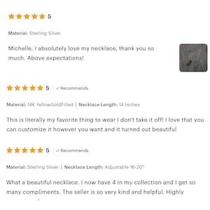 May include: Image of customer reviews for a necklace. The reviews are accompanied by a five-star rating. The material is listed as Sterling Silver and 14K YellowGoldFilled. The necklace length is 14 inches and adjustable 16-20 inches.