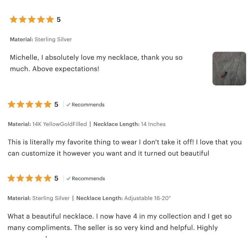 May include: Image of customer reviews for a necklace. The reviews are accompanied by a five-star rating. The material is listed as Sterling Silver and 14K YellowGoldFilled. The necklace length is 14 inches and adjustable 16-20 inches.