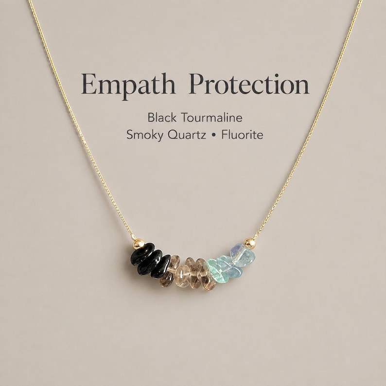 Handmade Crystal Necklace Women Spiritual Wellness Jewelry Energy Grounding Black Tourmaline Smoky Quartz Fluorite Gemstone Cluster Pendant Meditation Accessory Chakra Balancing Nurse Gift Sterling Silver Gold Filled Chain Extender Natural
