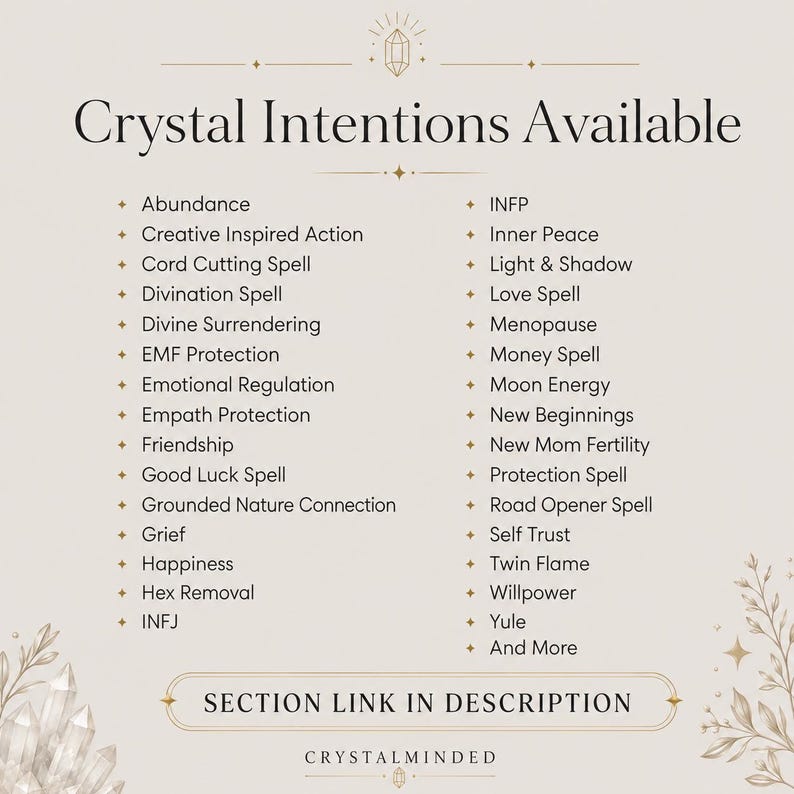 May include: A beige informational sign titled Crystal Intentions Available, listing various intentions like Abundance, Love Spell, and Money Spell in two columns. The bottom features a button labeled SECTION LINK IN DESCRIPTION and the text CRYSTALMINDED.