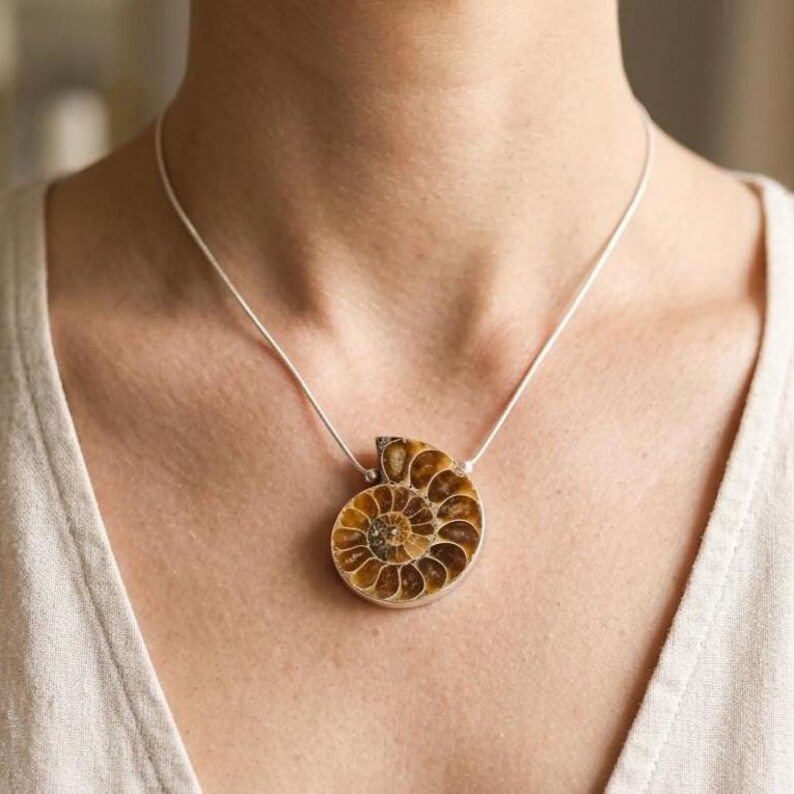 Ancient Marine Fossil Jewelry Genuine Ammonite Pendant Necklace Geological Specimen Gift Women Statement Piece Spiral Chambered Pattern Prehistoric Shell Golden Brown Amber Tones Sterling Silver Chain Natural History Collector Treasure