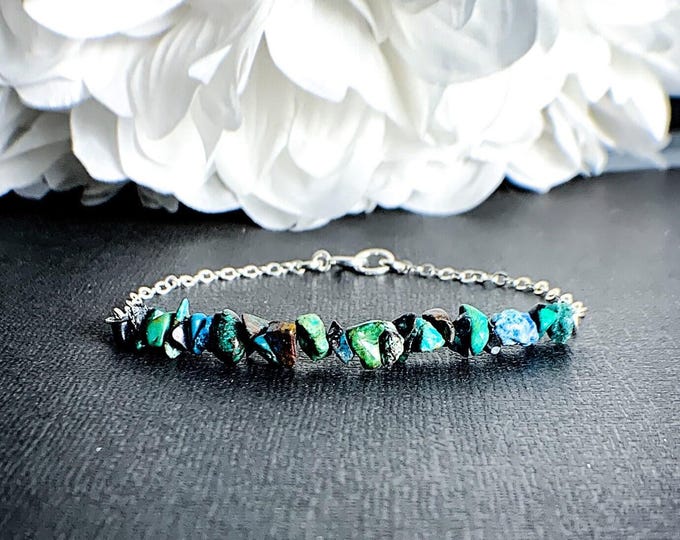 Chrysocolla Malachite Azurite silver bracelet or anklet, Beautiful gemstone jewelry, Chrysocolla ankle bracelet Spiritual crystal jewelry