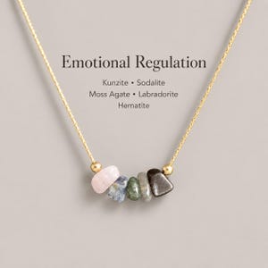 May include: A gold-tone chain necklace featuring five small, irregular tumbled gemstone beads in pink, blue, green, grey, and black. The text Emotional Regulation, Kunzite, Sodalite, Moss Agate, Labradorite, and Hematite is printed above the stones.