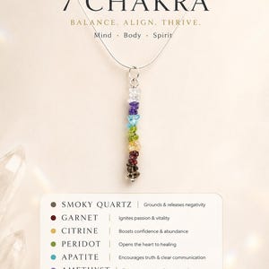 Pu&ograve; includere: Una collana d'argento con un ciondolo composto da sette pietre preziose colorate, che rappresentano i 7 Chakra. L'immagine include il testo "7 CHAKRA" e "WEAR YOUR ENERGY". La collana &egrave; esposta su uno sfondo chiaro.