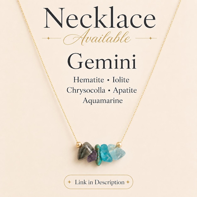 May include: A gold-colored necklace with a pendant featuring a cluster of colorful gemstones. The gemstones include hematite, iolite, chrysocolla, apatite, and aquamarine. The word "Gemini" is displayed above the gemstones.