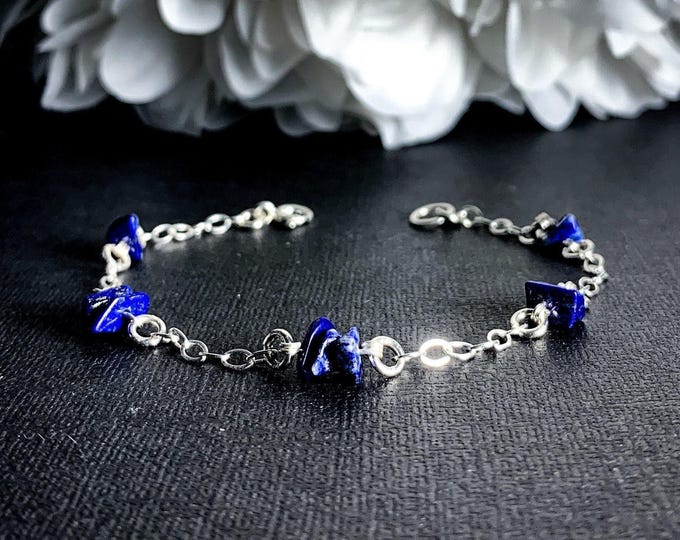 Lapis Lazuli Crystal Bracelet Satellite Chain Anklet Sterling Silver