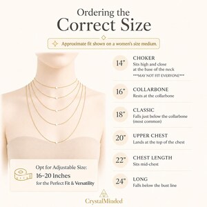 May include: Diagram illustrating necklace lengths, from choker (14 inches) to long (24 inches), with approximate fits on a medium-sized person. Includes text: "Ordering the Correct Size" and "Opt for Adjustable Size: 16-20 Inches for the Perfect Fit & Versatility."