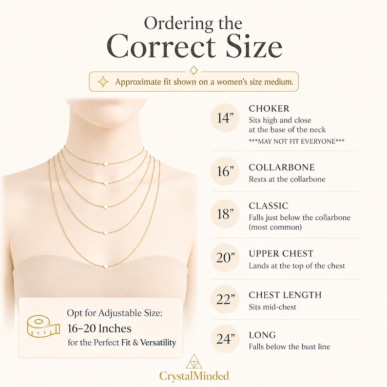 May include: Diagram illustrating necklace lengths, from choker (14 inches) to long (24 inches), with approximate fits on a medium-sized person. Includes text: "Ordering the Correct Size" and "Opt for Adjustable Size: 16-20 Inches for the Perfect Fit & Versatility."