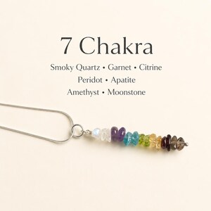 Pu&ograve; includere: Una collana con catena d'argento con un ciondolo con sette pietre preziose colorate. Le pietre sono disposte in fila, con il testo "7 Chakra" e i nomi delle pietre sopra.