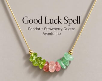 Collier porte-bonheur en cristal brut, quartz fraise, péridot, aventurine. Idée cadeau pour porter chance.