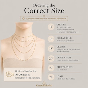 May include: A size guide infographic titled Ordering the Correct Size, showing five gold chains of varying lengths from 14 to 24 inches on a neck. Text labels define positions from choker to long, with an adjustable size option of 16-20 inches.