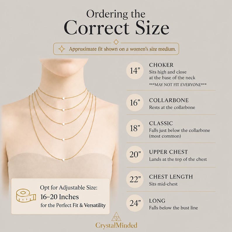 May include: A size guide infographic titled Ordering the Correct Size, showing five gold chains of varying lengths from 14 to 24 inches on a neck. Text labels define positions from choker to long, with an adjustable size option of 16-20 inches.