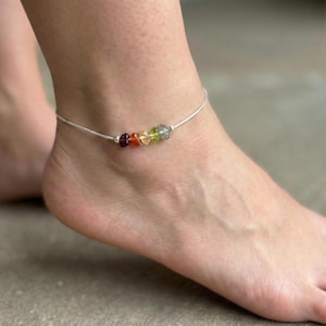 Adjustable Gold Anklet Sterling Silver Teardrop Bead Jewelry Women Gemstone Ankle Bracelet Leo Birthday Gift Zodiac Birthstone Crystal Healing Natural Stones Garnet Carnelian Citrine Peridot Labradorite Charm Layered Minimalist Accessory
