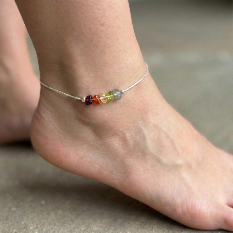 Adjustable Gold Anklet Sterling Silver Teardrop Bead Jewelry Women Gemstone Ankle Bracelet Leo Birthday Gift Zodiac Birthstone Crystal Healing Natural Stones Garnet Carnelian Citrine Peridot Labradorite Charm Layered Minimalist Accessory