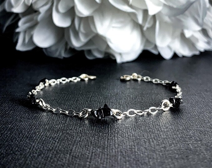 Black Spinel Ankle Bracelet Sterling Silver Satellite Chain