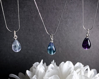 Rainbow Fluorite Drop Pendant Necklace, Green Fluorite Crystal Purple Fluorite Jewelry Healing Crystals