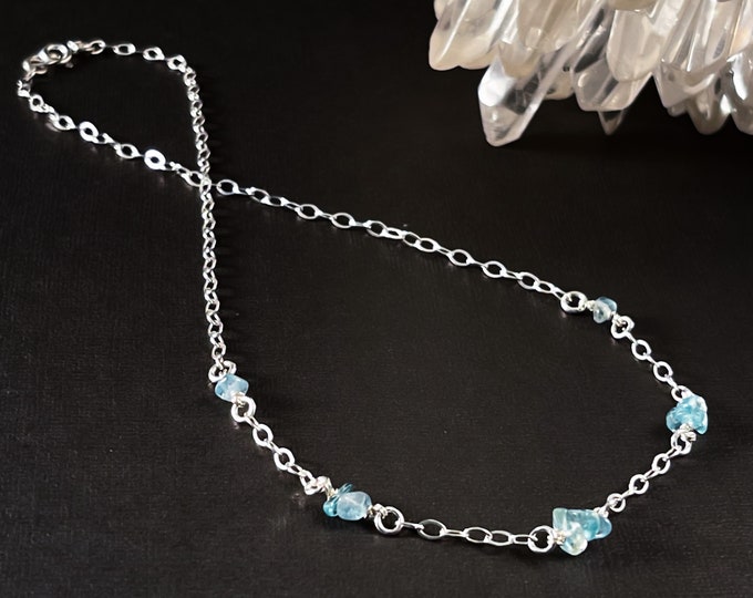 Elegant Apatite Necklace, blue Apatite crystals promotes Motivation Clarity and Focus, Sterling Silver everyday choker or necklace for women