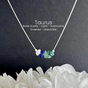 K&ouml;nnte beinhalten: Eine silberfarbene Halskette mit einer Reihe aus f&uuml;nf kleinen, unregelm&auml;&szlig;igen Edelstein-Splittern aus Rosenquarz, Lapislazuli, Aventurin, Smaragd und Malachit. Dar&uuml;ber steht der Text Taurus, Rose Quartz, Lapis, Aventurine, Emerald, Malachite.