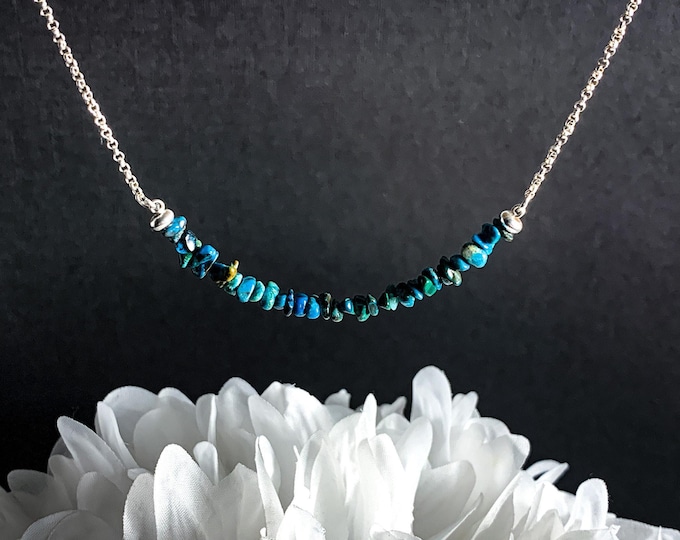 Chrysocolla necklace for anniversary or graduation gift, green blue Raw crystal choker necklace, Dainty silver Chrysocolla jewelry Gift idea