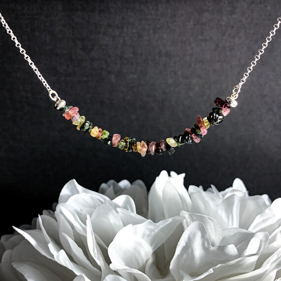 Tourmaline boho choker, natural crystal beaded necklace, October birth month jewelry necklace, sterling silver choker Libra bff gift for her