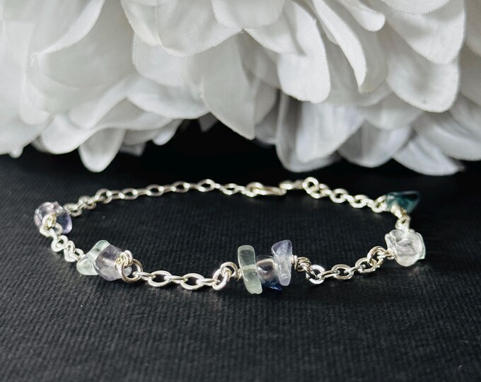 Raw Rainbow Fluorite Satellite Chain Bracelet or Anklet – Sterling Silver – Adjustable Length
