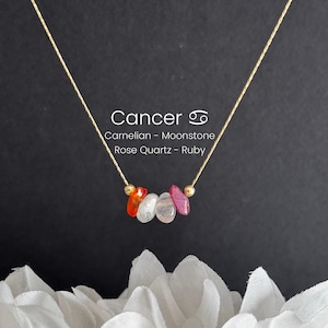 Cancer Zodiac Crystal Necklace Raw Stone Astrology Jewelry Gold Filled or Sterling Silver Choker with Carnelian Moonstone Rose Quartz Ruby