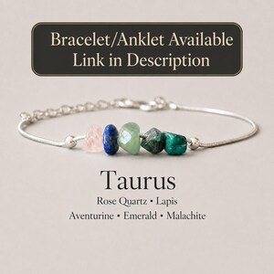 K&ouml;nnte beinhalten: Ein silberfarbenes Kettenarmband mit f&uuml;nf rohen, getrommelten Edelsteinen in Rosa, Blau, Hellgr&uuml;n, Dunkelgr&uuml;n und T&uuml;rkis. Der Text lautet: Bracelet/Anklet Available Link in Description, Taurus, Rose Quartz, Lapis, Aventurine, Emerald, Malachite.