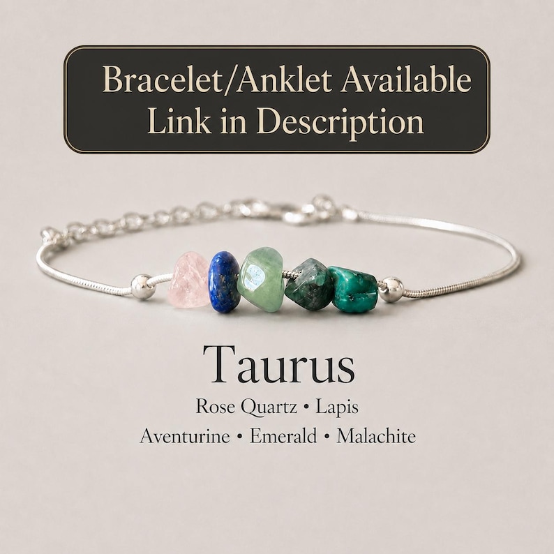 K&ouml;nnte beinhalten: Ein silberfarbenes Kettenarmband mit f&uuml;nf rohen, getrommelten Edelsteinen in Rosa, Blau, Hellgr&uuml;n, Dunkelgr&uuml;n und T&uuml;rkis. Der Text lautet: Bracelet/Anklet Available Link in Description, Taurus, Rose Quartz, Lapis, Aventurine, Emerald, Malachite.