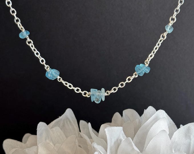 Raw Aquamarine Necklace Pisces Satellite Chain Birthstone Jewelry