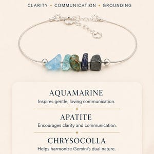 May include: A silver bracelet featuring five colorful crystals: aquamarine, apatite, chrysocolla, iolite, and hematite. The text reads "5 Crystals for Gemini" with descriptions of each crystal's properties. The bracelet is designed for clarity, communication, and grounding.