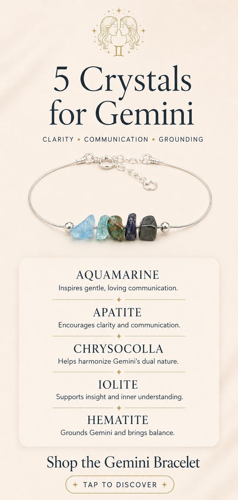 May include: A silver bracelet featuring five colorful crystals: aquamarine, apatite, chrysocolla, iolite, and hematite. The text reads "5 Crystals for Gemini" with descriptions of each crystal's properties. The bracelet is designed for clarity, communication, and grounding.