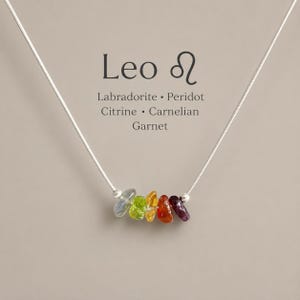 Pu&ograve; includere: Una collana a catena argentata con cinque piccole perle di pietre preziose irregolari e multicolori in blu, verde, giallo, arancione e rosso scuro. Il testo sopra recita: Leo, il simbolo del Leone, Labradorite, Peridoto, Citrino, Corniola, Granato.