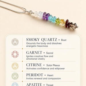 Pu&ograve; includere: Una collana d'argento con sette cristalli colorati, ognuno rappresentante un chakra. L'immagine include il testo "7 Cristalli per l'Equilibrio dei Chakra" e dettagli sulle propriet&agrave; di ogni cristallo. La collana &egrave; progettata per promuovere radicamento, allineamento e flusso di energia.
