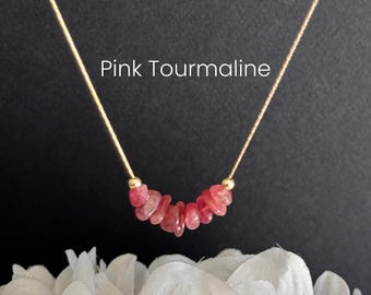 Halsband i rosa turmalin, smycken i rå kristall i sterlingsilver eller guldfylld födelsesten