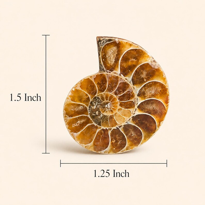 K&ouml;nnte beinhalten: Ein poliertes Ammonitenfossil, das ein Spiralmuster in Braun- und Goldt&ouml;nen zeigt. Das Fossil misst 3,8 cm in der H&ouml;he und 3,2 cm in der Breite, mit sichtbaren Innenkammern. Die Gesamtform ist eine abgerundete Spirale.