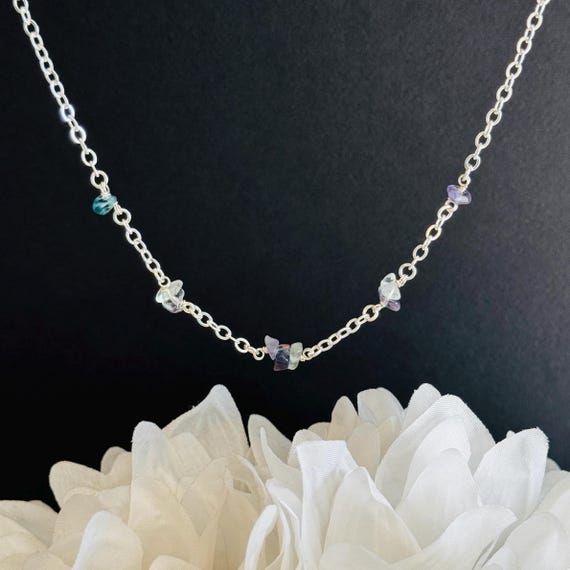 Raw Fluorite Crystal Necklace, Fluorite Satellite Station Necklace in Silver, Crystal beaded choker, Natural Genuine Real Unpolished Rough