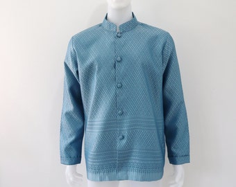 Chemise homme bleue traditionnelle thaïlandaise/laos/khmer tenue col mao à manches longues chemise garçon d'honneur