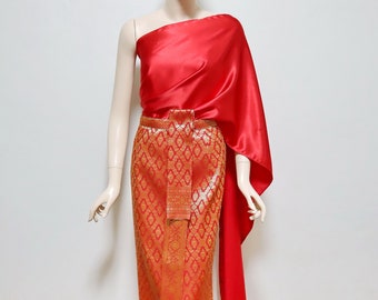 Rot-Gold traditionellen Thai / Khmer Outfit für Frauen wickeln Sarong Rock mit sabai Verstellbare Taille bis zu 82 cm Taille, 102 cm Hüfte, 0117