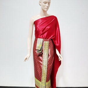 Red-Gold Thai Dress: Brocade Polyester Silk Wrap Skirt with Sabai