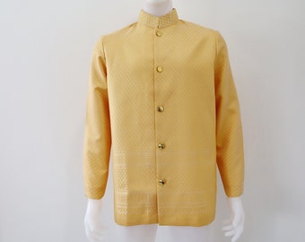 Men's Thai Brocade Faux Silk Shirt: Mandarin Collar, Long Sleeve, Traditional Style