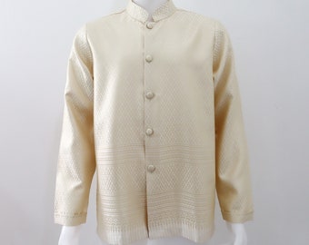 Ivory Gold Brocade Faux Silk Men's Shirt, Traditional Laos Cambodian Thai Groom Top