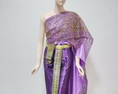 Purple and Gold Traditional Thai Dress, Lace Sequin Wrap Sarong Skirt Upto 32 in. Waist, 42 in. hip, Skirt Length 37 in. Excluding Jewelry