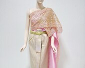 Beige,Light Pink and Gold Traditional Thai Dress, Adjustable Skirt Upto 34 in.Waist, 44 in. Hips, Length 36.5 in. Excluding Jewelry