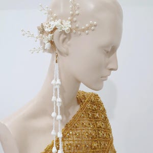 Floral Ear cuffs Hairpin Tiara Floral Hair Comb Hairpiece Hair Jewelry for Traditional Thai Lao Khmer Bridal, Wedding Accesories for Bride