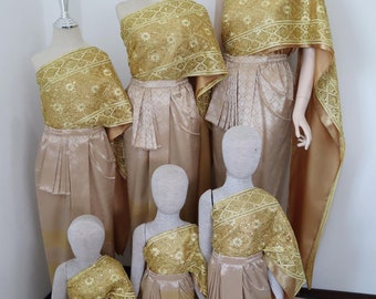 Girls' Thai Traditional Costume: Beige & Gold Sequined Lace Sash with Sarong Skirt