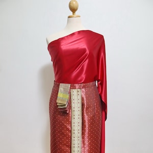 Plus Size Thai Dress: Red Brocade Skirt & Satin Shawl